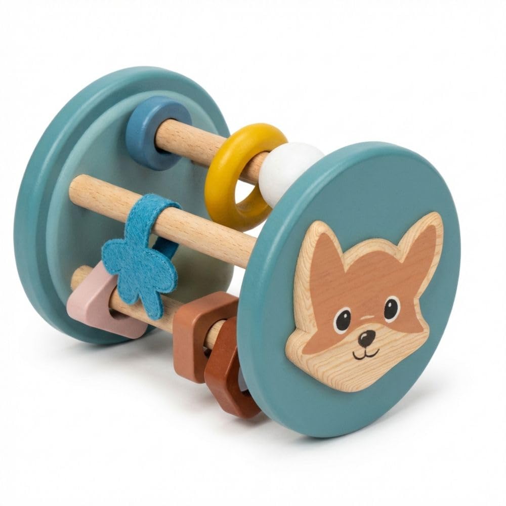 SPEEDY MONKEY Fox Roller Rattle Baby Toy | Wooden Animal Sensory Rolling Toy for Infants | Developmental Rattle for Crawling & Motor Skills | Early Learning Play for Babies & Newborns 6M+