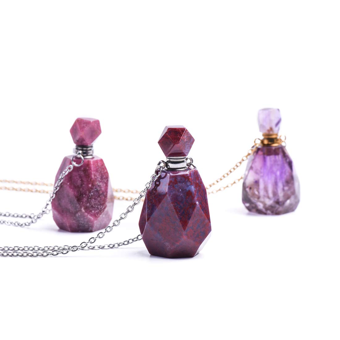 YGLINE Rhodonite Natural Gemstone Perfume Bottle Pendant,Slive Plated Healing Chakra Crystal Vial Perfume Bottle Necklace