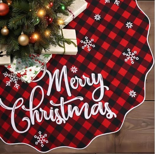 OurWarm Christmas Tree Skirt 60 Inches, Buffalo Plaid Red Tree Skirt for 7 ft Tree or 9ft Tree, Double Sided Burlap Tree Skirt Snowflake Xmas Tree Skirts for Winter Rustic Boho Farmhouse Tree Decor