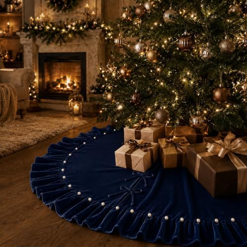 Christmas Tree Skirt,Velvet Tree Skirt with Ruffled Edge and Pearls, Classic Large Velvet Fur Plush Tree Skirt for Merry Christmas(Nevy,48Inch)