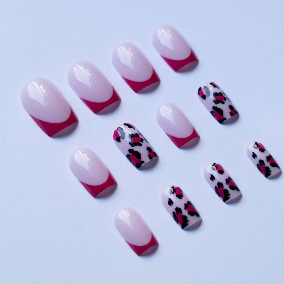 24 Pcs Hot Pink Press on Nails Medium Square Leopard French Fake Nails Press ons Nail Tips, LINMEIZAI Glossy Stick on Nails Acrylic Nail Kit with French Y2K Style Design False Nails Nail Art for Women