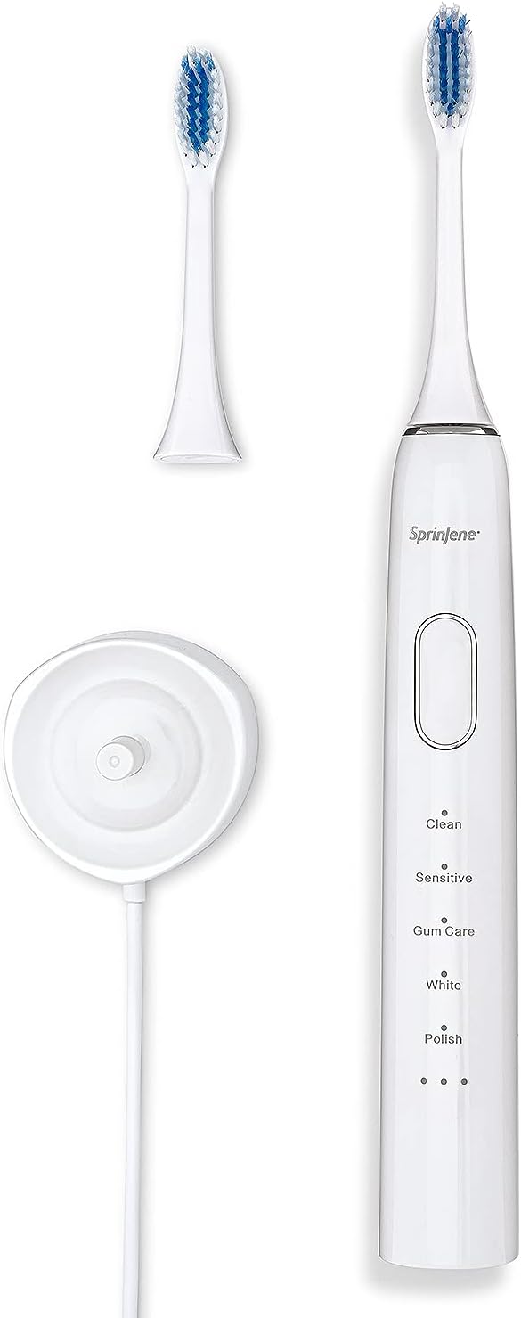 SprinJene Natural Fluoride Free Toothpaste for Sensitive Teeth & Gum (4 Pack) + Electric Toothbrush with Wireless Charger & 2 Replacement Heads
