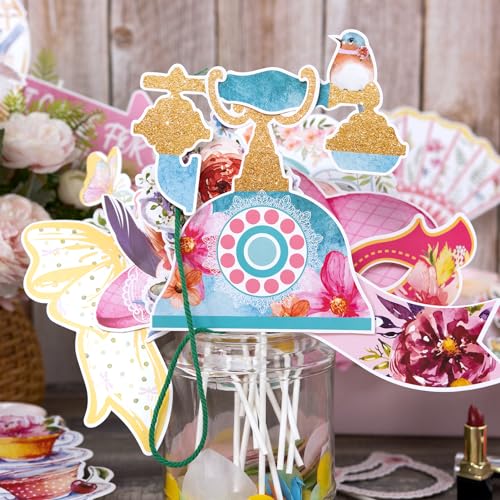 SUNBEAUTY 36 Pcs Tea Party Photo Booth Props - Pink, White, Green - Floral Pattern - Paper Material - Perfect for Parties - color: Tea Party