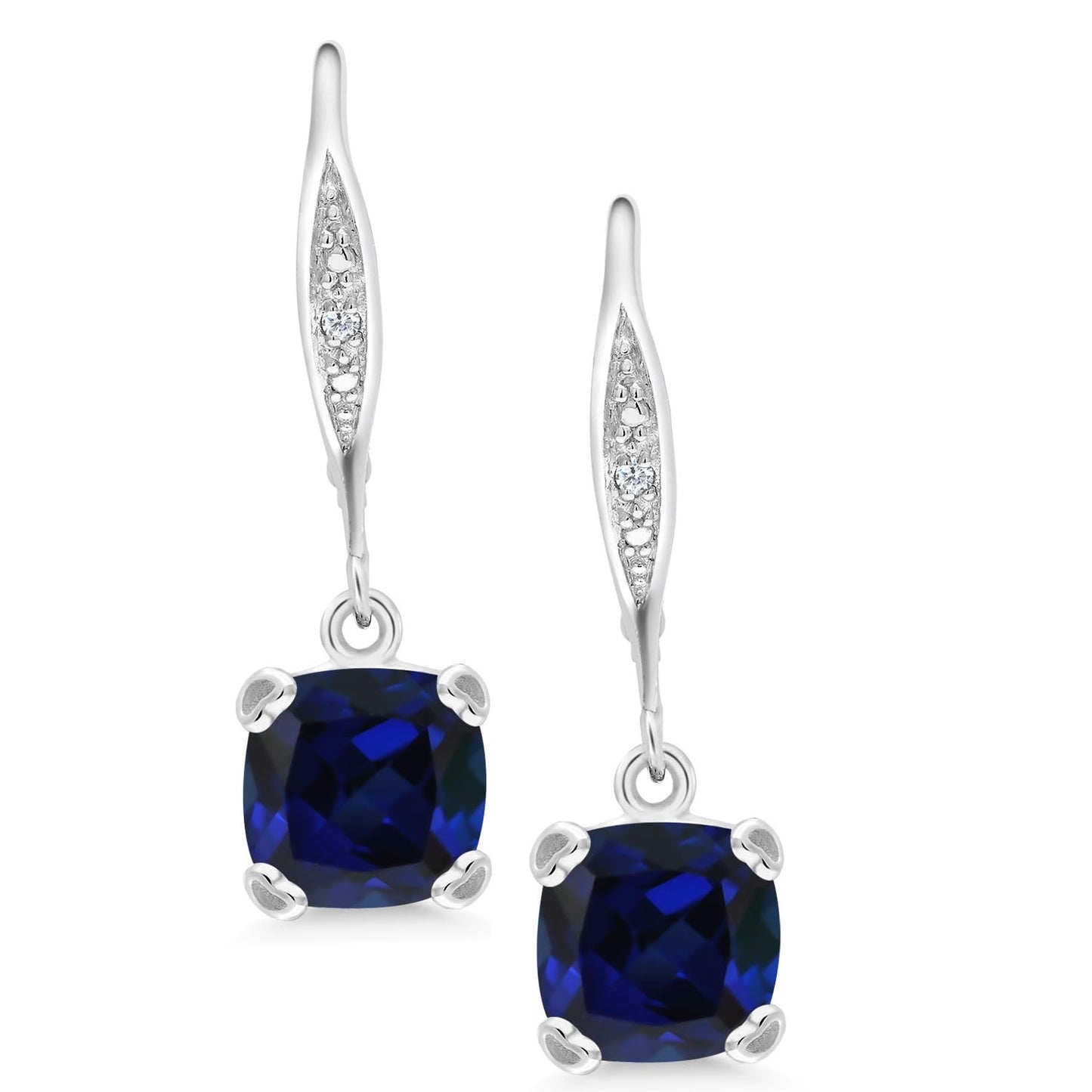 Gem Stone King Drop Dangle Earrings For Women | 7MM Cushion Cut Gemstone Birthstone and Diamond | 925 Sterling Silver | Jewelry Gift for Mom Wife Her | Created Sapphire-September | Sterling Silver