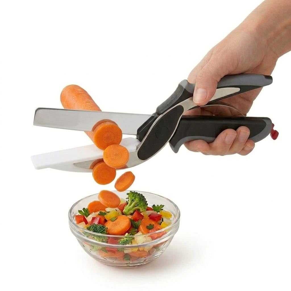 Professional 2-in-1 Kitchen Smart Cutter – Stainless Steel Vegetable Scissors & Food Chopper with Built-in Cutting Board – Multi-Function Slicer for Fruits, Veggies, Cheese, and Meat