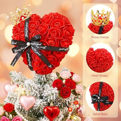Capoda Valentine's Day Tree Topper Red Rose Heart Topper with Bows Decorations for Mini Christmas Tree 8 Inch Heart Treetop Ornaments for Valentines Galentines Day Holiday Wedding Party Supplies(Rose)
