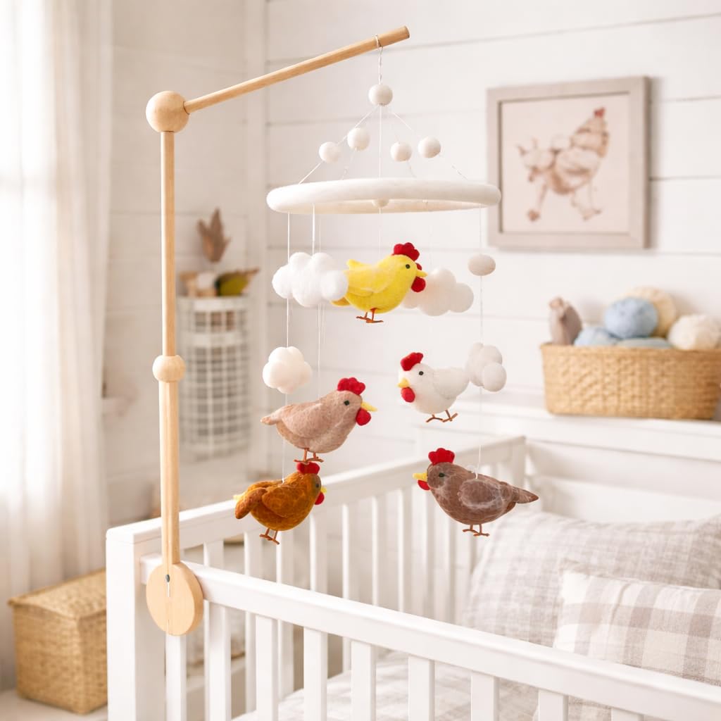 Handmade Felt Chicken Nursery Mobile, Chicken Crib Mobile for Boys & Girls, Boho Decor, Natural Wool Chicken Hanging Mobile, Unique Baby Shower Gift, Fair Trade Nepal
