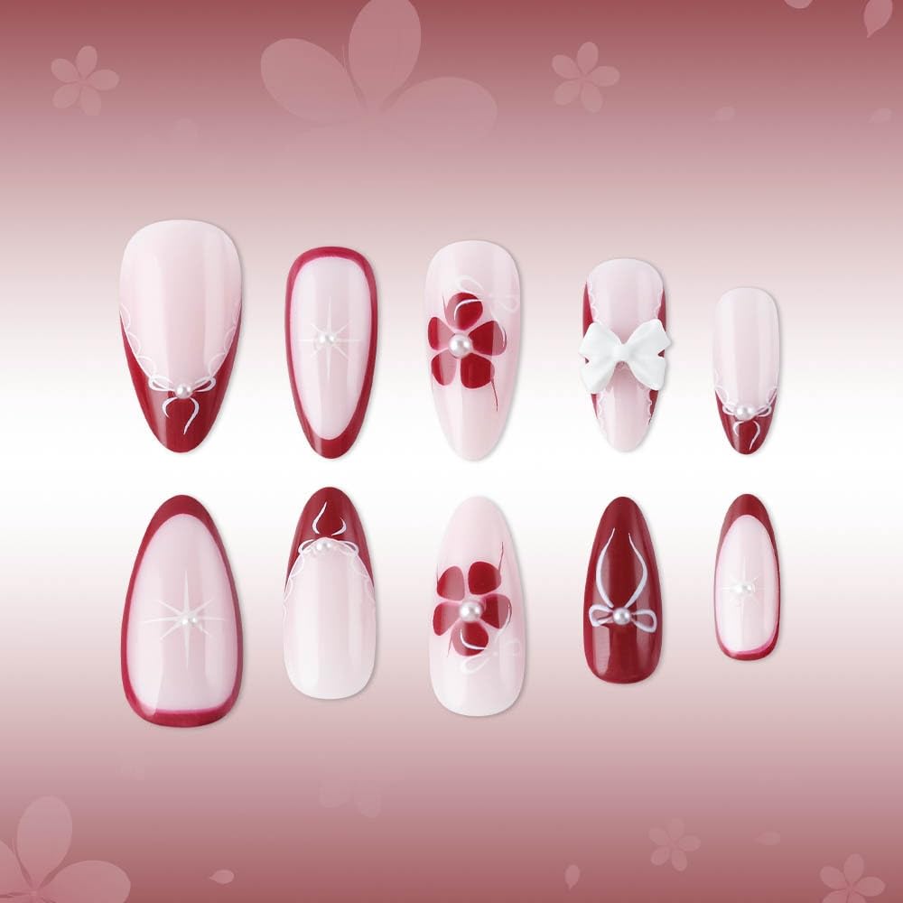Flower Press on Nails Medium Almond Fake Nails with 5D Bow Charm Design Glossy Lace French Tips False Nail Full Cover Red Nail Press ons Reusable Spring Summer Acrylic Nail for Women Manicure 24Pcs