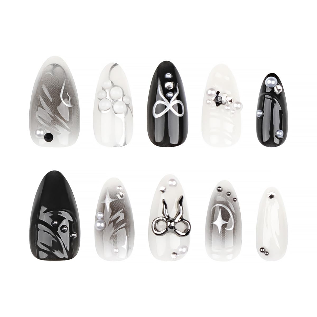 24Pcs Black Bow Press on Nails Medium Almond Fake Nails with 3D Alloy Bow Pearl Designs White Glitter False Nails Full Cover Artificial Glue on Nails Spring Summer Handmade Stick on Nails for Women