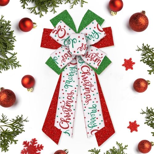 Hying Large Christmas Bows for Wreath, Christmas Wreath Bow Glitter Green Red White Burlap Bows Xmas Tree Topper Bows Ornaments for Front Door New Year Christmas Party Decoration Supplies