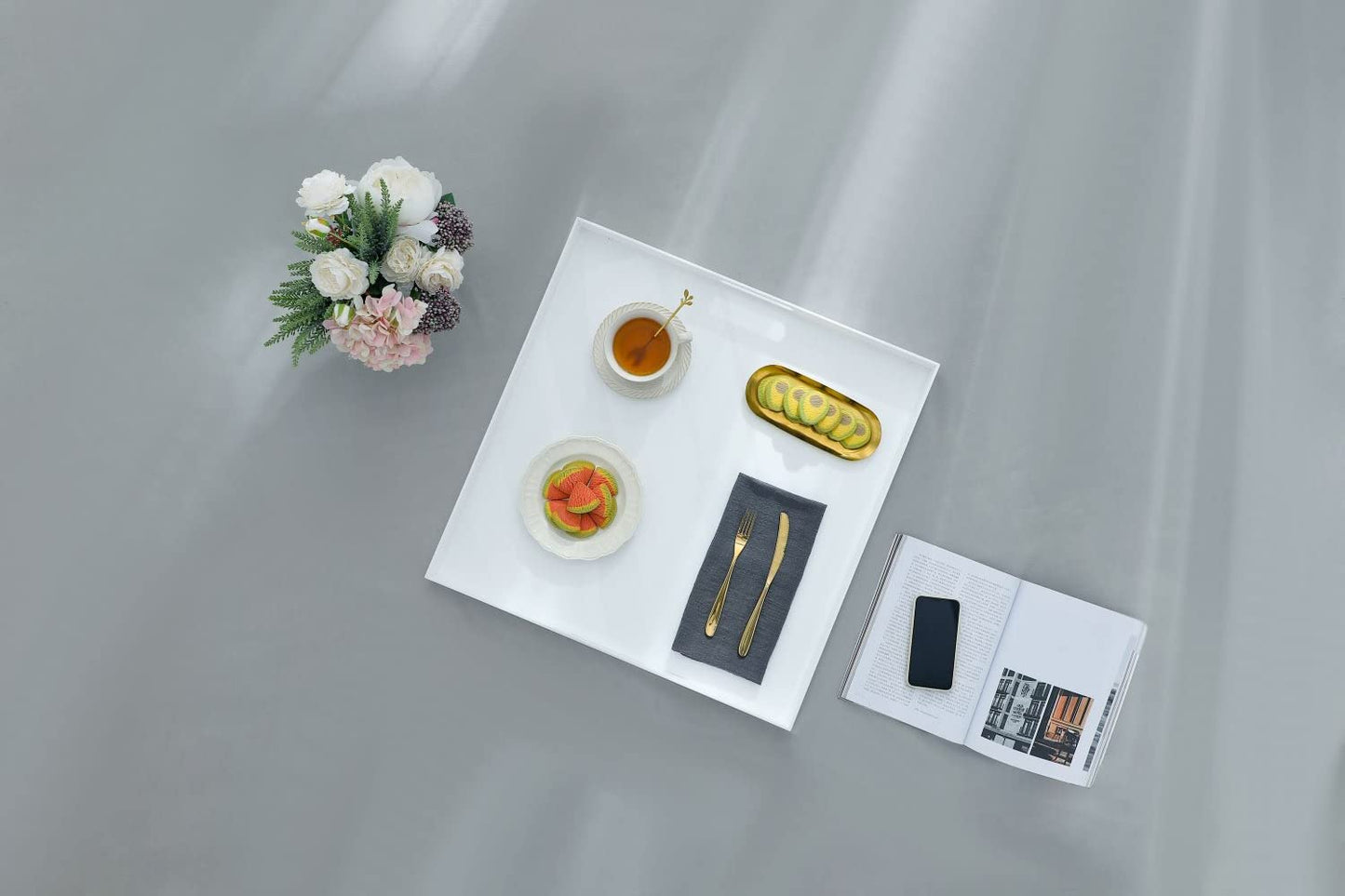 BEYLANG Glossy White Sturdy Acrylic Serving Tray with Handles-24x24Inch-Serving Coffee,Appetizer,Breakfast,Butler-Kitchen Countertop Tray-Makeup Drawer Organizer-Vanity Table,Ottoman Tray-Decorative