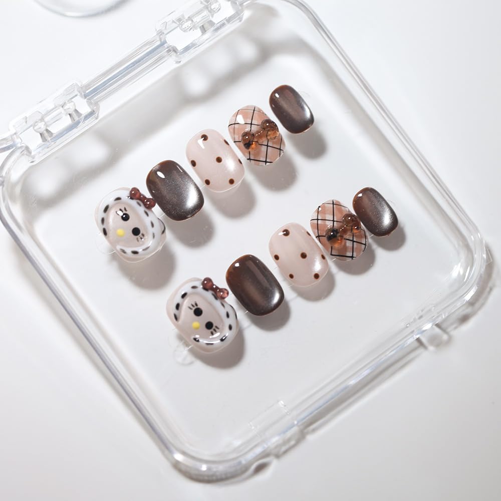 10 Short Oval Handmade Press On Nails | 3D Floral with Cat Eye Polka Dot & Sweet Bow details,Winter Styles | Skip Salon Trips, Easy to Apply & Remove, Reusable (251106, XS)