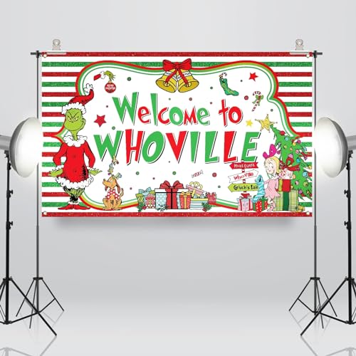 Sunwer Welcome Xmas Photo Booth Backdrop Green Christmas Winter Holiday Party Decorations Home Indoor Outdoor Wall Hanging Banner (White-A, 5.9×3.6ft) - size: 5.9×3.6ft