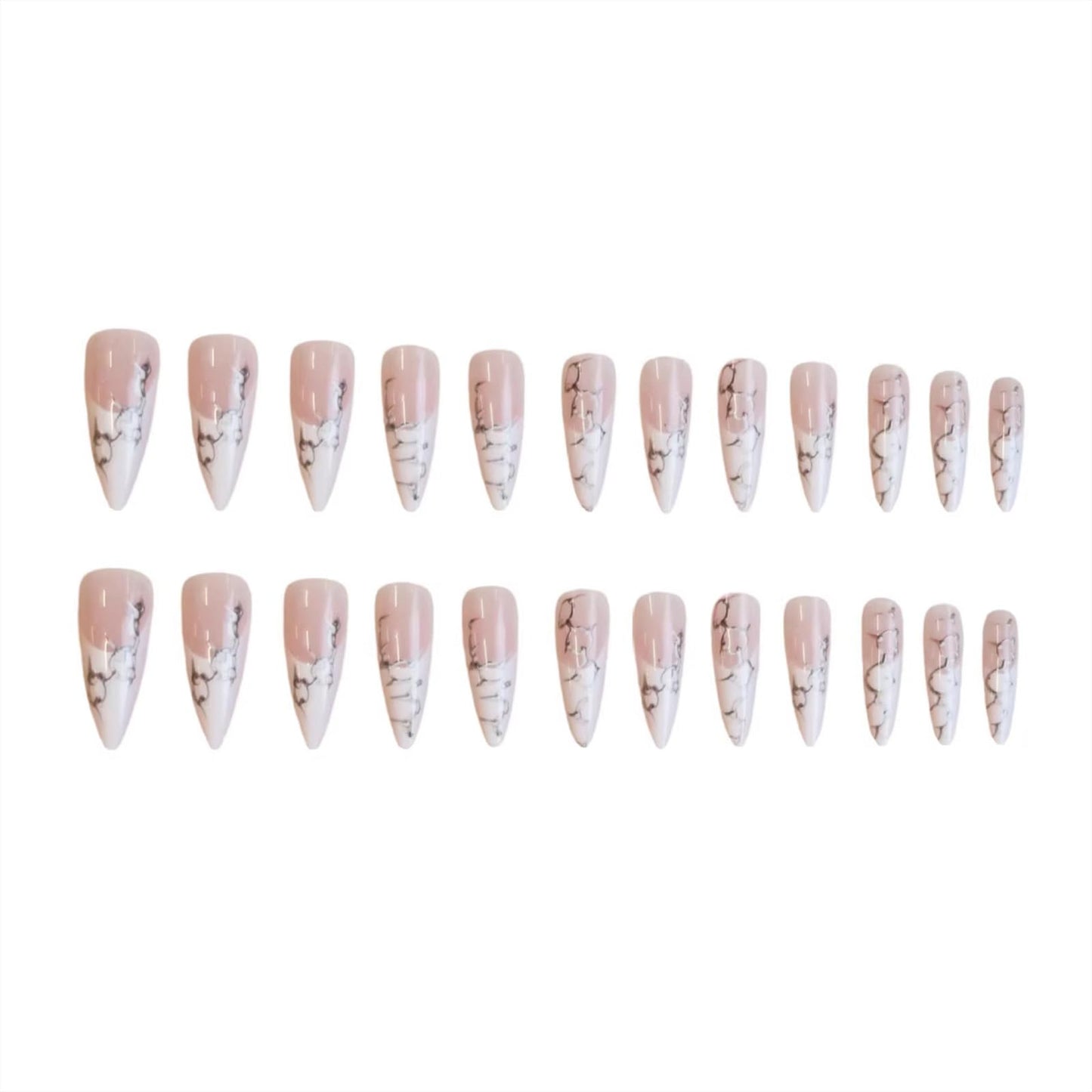 SINHOT Stiletto Press on Nails - Long Fake Nails, Glossy Finish, 3D Silver Chain & White French Tip, Reusable Artificial False Nail Art - 24 Pcs Nail Kit with Glue
