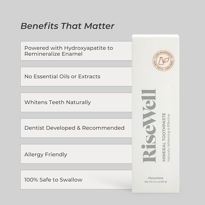 RiseWell Mineral Unflavored Toothpaste - Hydroxyapatite Flavorless Toothpaste - Made in The USA, Sensitive Teeth Whitening, No Added Fluoride, SLS-Free - Made by Dentists, 3.4 Oz