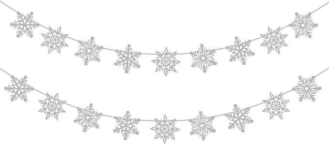 2 Pcs Silver Glitter Snowflake Banner，Snowflake Winter Party Decorations， Snowflake Garland Christmas Party Decorations (Silver)