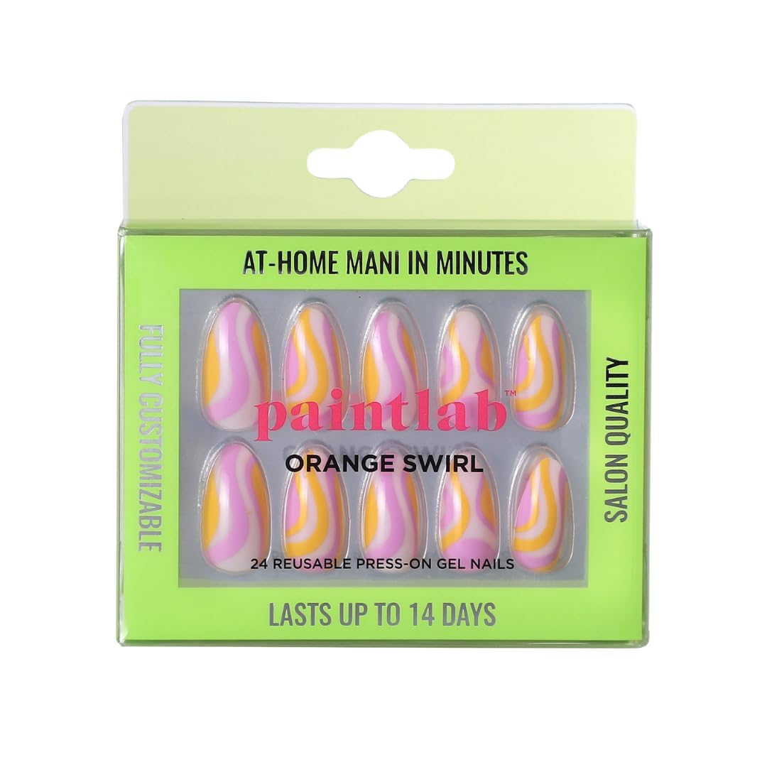 PaintLab Press On Nails - Orange Swirl Almond Fake Nails, 24 Nails in 12 Sizes with Glue, Reusable Salon Quality Press On Nails