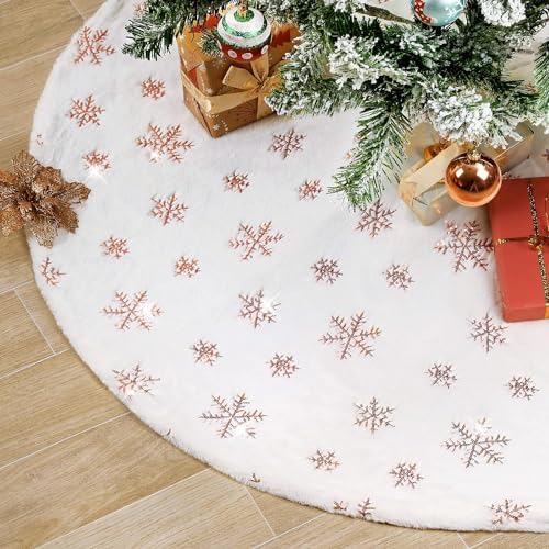 Plush Christmas Tree Skirt White Faux Fur Tree Skirt with Rose Gold Sequin Snowflakes for Merry Christmas Party Tree 36 Inch