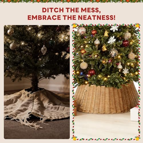 Sweetcrispy 27in Christmas Tree Collar, Wicker Skirt for 7.5ft Artificial Trees, 4-Piece Wicker Base Cover, Natural