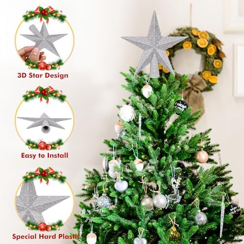 1PCS Tree Topper, 4" Silver Star Christmas Tree Topper Xmas Tree Decoration