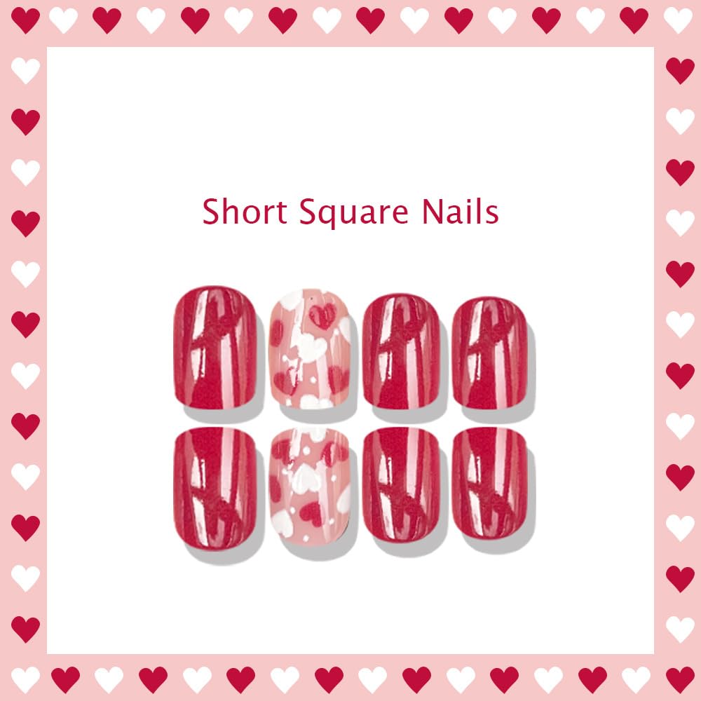 24Pcs Valentine Short Press on Nails Wine Red Fake Nails Heart Full Cover Glue on Nails Square White Heart False Nails for Women Glossy Acrylic Nails Press ons Valentine Nails Manicure Kit