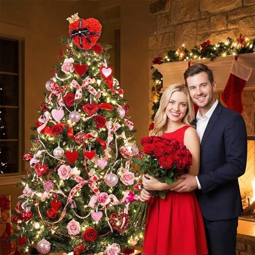 Capoda Valentine's Day Tree Topper Red Rose Heart Topper with Bows Decorations for Mini Christmas Tree 8 Inch Heart Treetop Ornaments for Valentines Galentines Day Holiday Wedding Party Supplies(Rose)