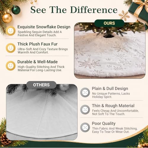 SeasonBliss Christmas Tree Skirt, Faux Fur Tree Skirt, Christmas Tree Skirts with Snowflake Patterns, Small Tree Skirt for 4ft-7.5ft Tree, Great for Christmas, Holiday, Party, 35.6 Inches, White