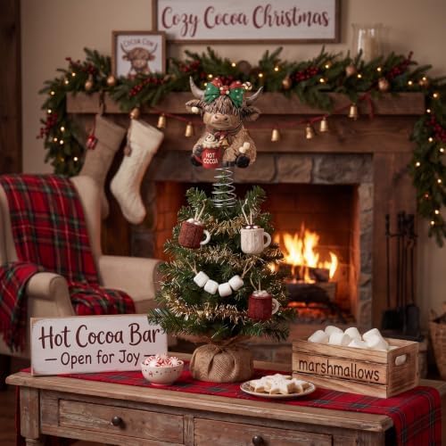 Gejoy Christmas Hot Cocoa Highland Cow Miniature Tree Topper 5.1 Inches Mini Resin Cattle Tree Top Decorations for Rustic Home Farmhouse Holiday Accents Party Decor, Thanksgiving Xmas Gift