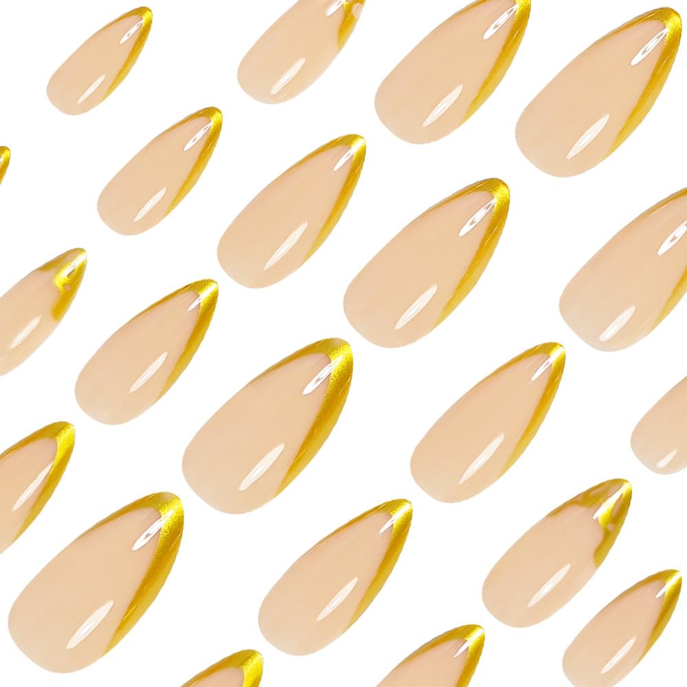 Press on Nails Almond - French Tip Fake Nails with Gold Line Design - Medium Fasle Nails Press ons - for Women 24 Pcs