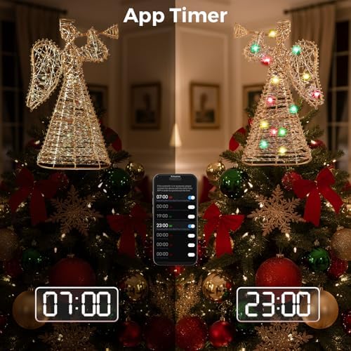 Smart Christmas Tree Topper, 11" RGB Angel Tree Topper, Timer, App Control, USB Powered, Music Sync, Gold Tree Topper for Indoor Party Holiday Decor
