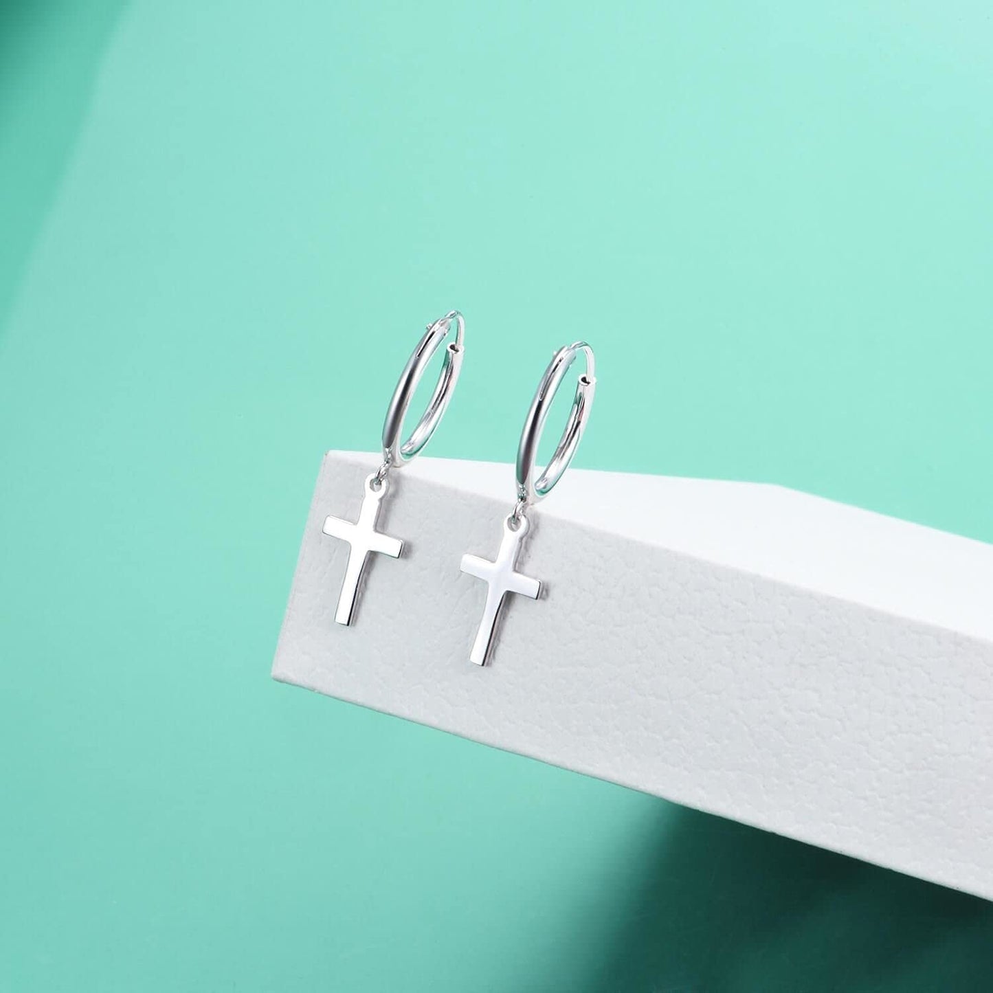 Sterling Silver Hanging Dangle Drop Cross Hoop Earrings for Women Men