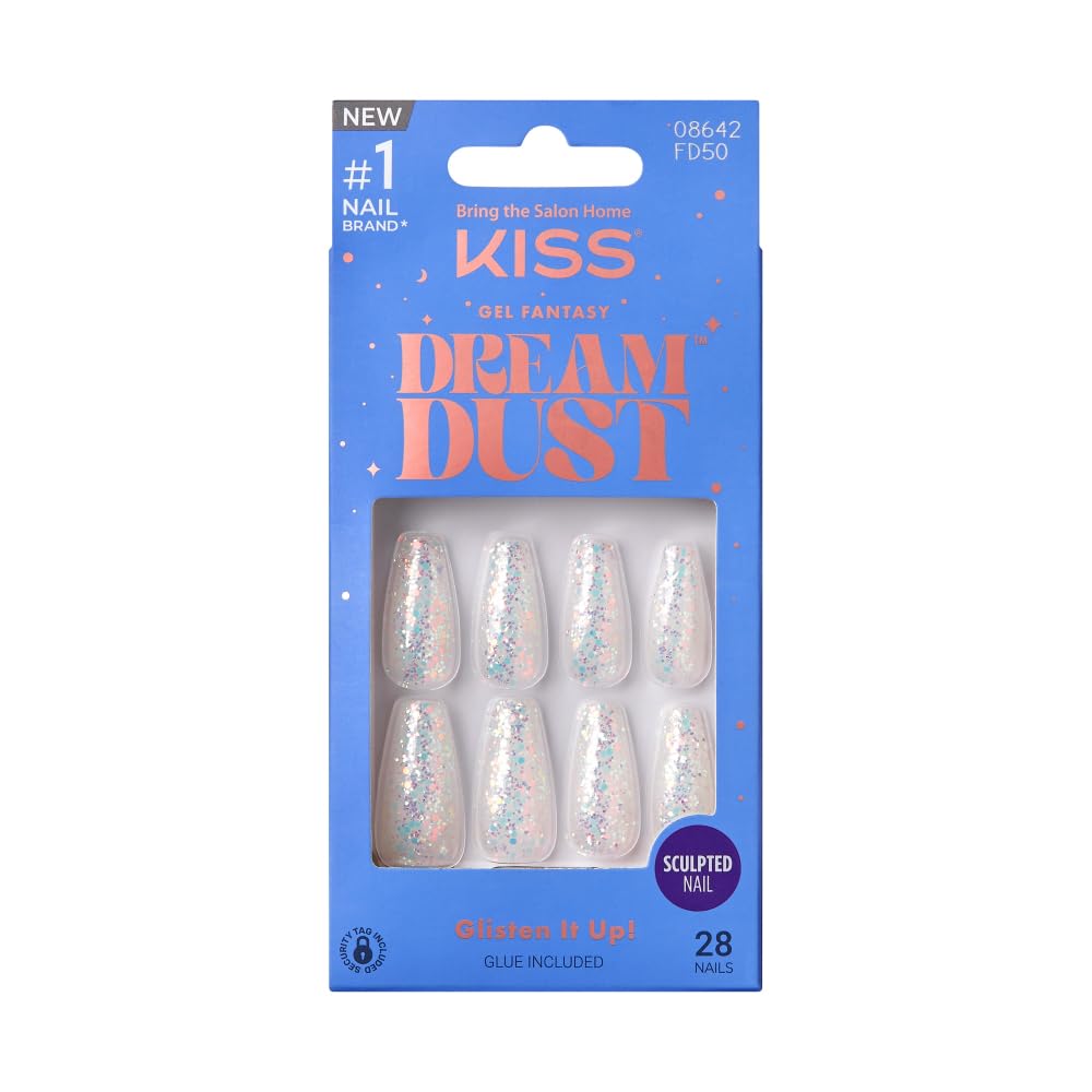KISS False Nails Kit, Dreamdust Ready to Wear Gel Sculpted Nails, Stick and Glue Included, Long Length, Coffin Shape with White Glitter Effect, Long-Lasting Hottest Trend Glue on Nails