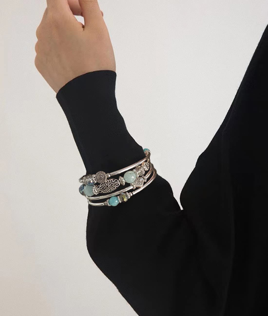 FULU AUTUMN Stackable Beaded Bracelets for Women Boho Wrap Silver Bracelet Layered Fashion Jewelry Gifts for Her(Turquoise)