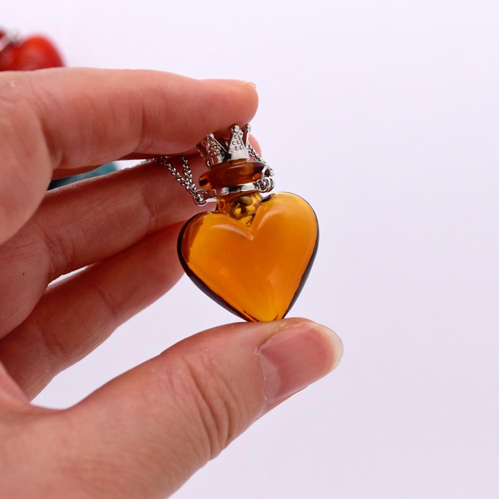 Glaze Glass Heart-Shaped Refillable Essential Oil Necklace Pendant - Aromatherapy Perfume Diffuser Pendant with Stainless Steel Chain (Red)