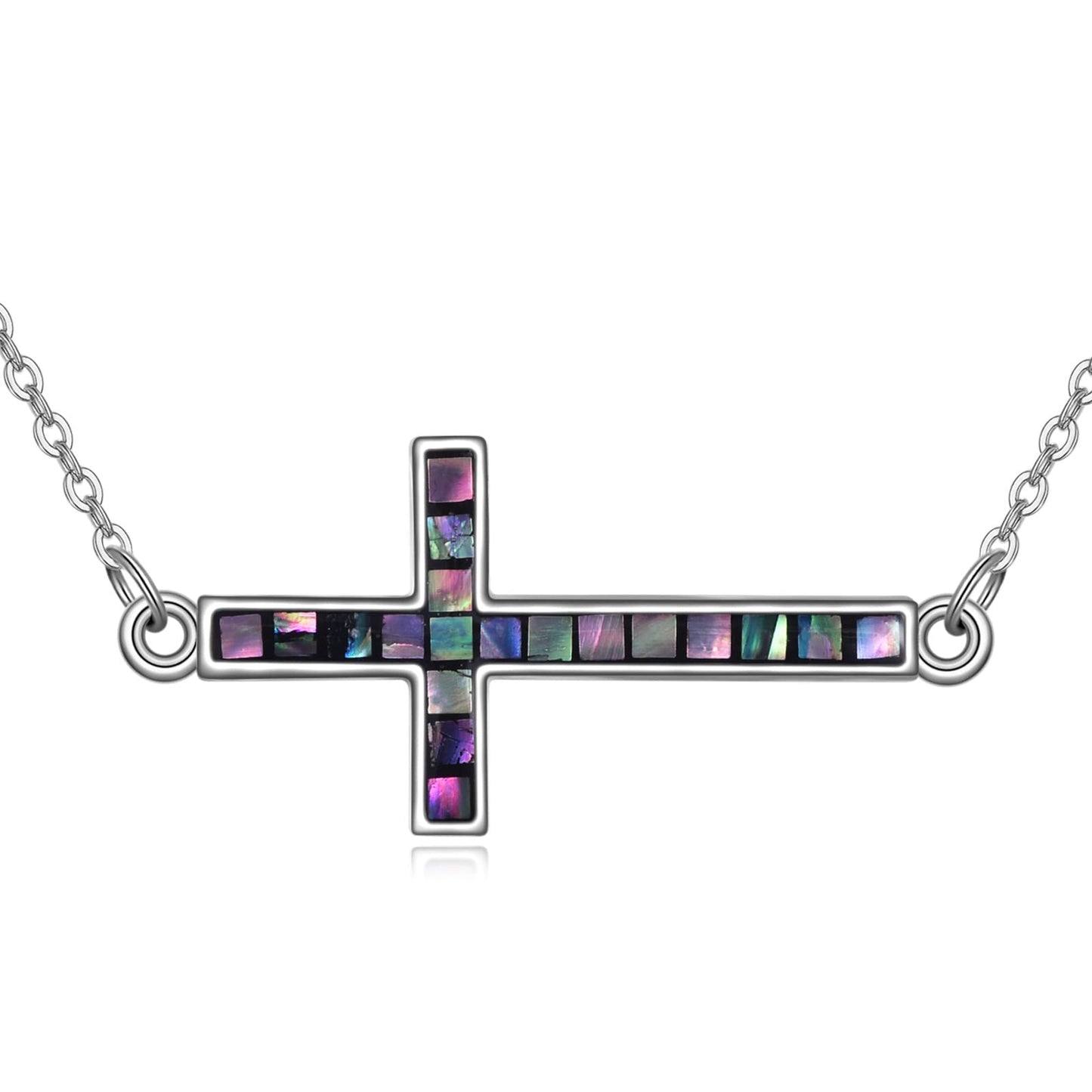 YFN Sideways Cross Necklace Sterling Silver Abalone Shell Cross Pendant Jewelry Gifts for Women Men