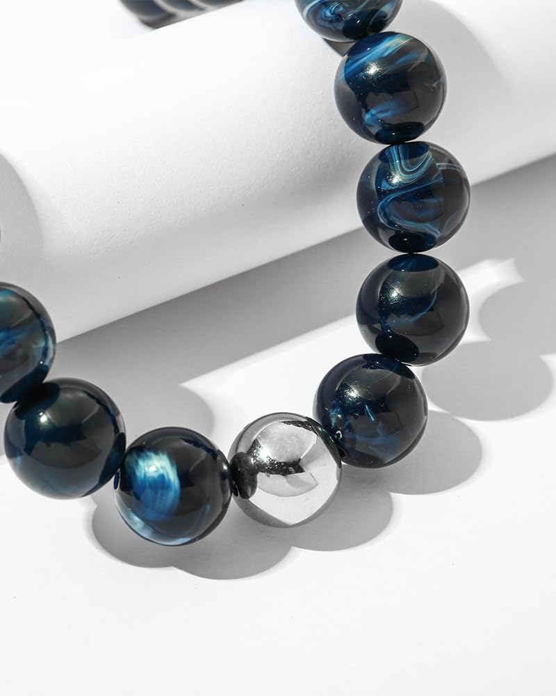 FAUTHENTICUTE Chunky Blue Beaded Choker Necklace for Women Large Montana Blue Round Bead Strand With Silver Accent Boho Bead Collar Statement Necklace Trendy Beach Summer Jewelry Gifts