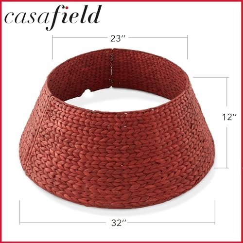 Casafield 32-Inch Christmas Tree Collar, Woven Water Hyacinth Tree Base Cover with Cord Cut Out, Red