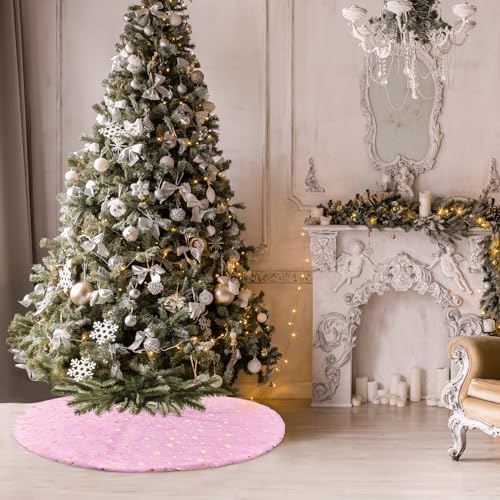 Plush Christmas Tree Skirts, 30 inches Luxury Pink Faux Fur Xmas Tree Base Cover Mat with Gold Stars for New Year Home Party Decorations(Pink Star, 30 inches)