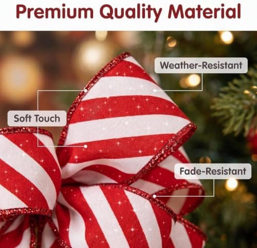 2 Pack Christmas Wreath Bows, Red White Candy Stripe, 11 x 21 Inch Set