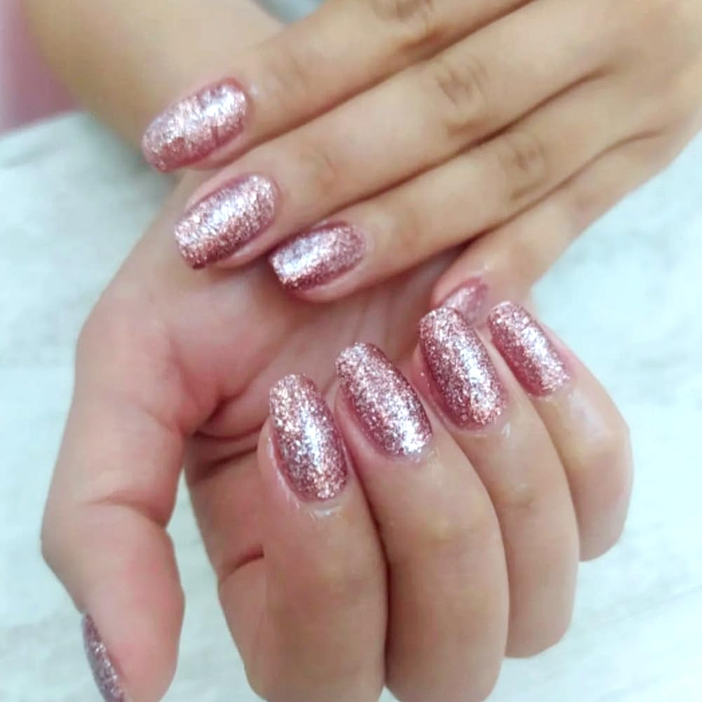 Hrnsnails Short Press On Nails Coffin Fake Nails with Pink Glitte Nail Press Ons Design, Artificial False Nails Press On Nail Kit Sparkly Stick On Nails for Women