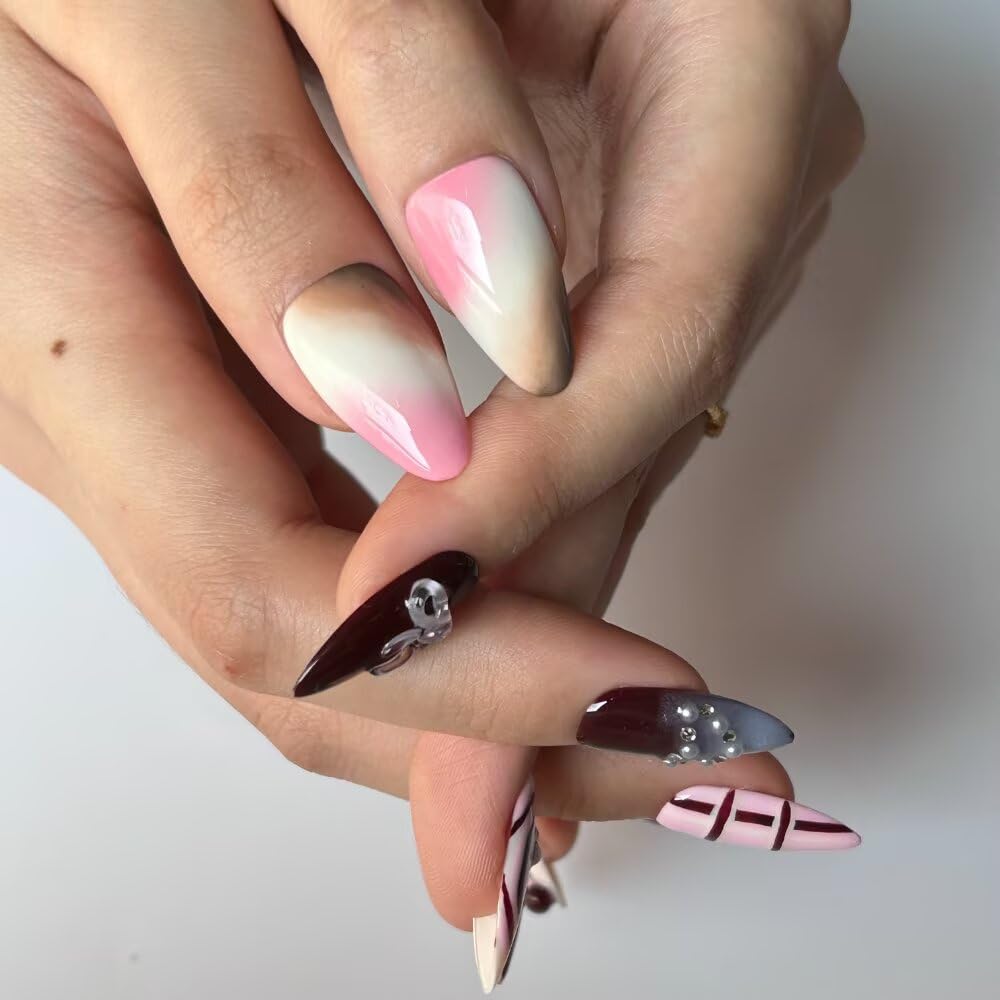 10Pcs Spring Summer Press on Nails Almond Shape False Nails with Bow Design Medium Length Fake Nails Handmade Nails Press On 3D Star Fake Nails Reusable Nails for Women (Size M)