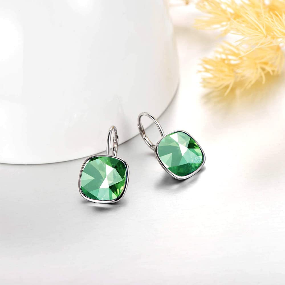 AOBOCO Sterling Silver Leverback Earrings, Green Crystal, 0.90 in x 0.55 in, 3.2 g