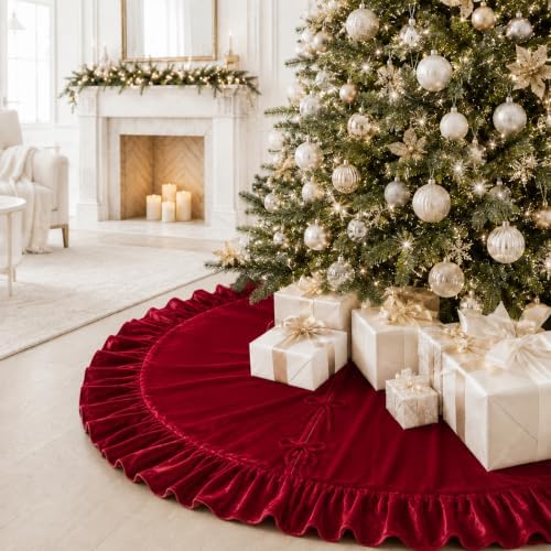 Christmas Tree Skirt,Velvet Tree Skirt with Ruffled Edge, Classic Large Velvet Fur Plush Tree Skirt for Merry Christmas(Red,60Inch)