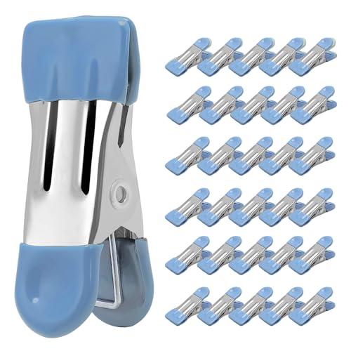Clothes Pins Heavy Duty 30 Pack - 2.17 Inch Metal Chip Clips, Clothespins for Photo Drying Clothesline Laundry Sock, Bag Clips for Food Kitchen Stainless Steel with Rubber, Blue - color: Light Blue