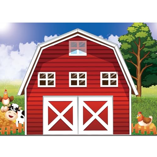 Cartoon Farm Photography Backdrop 8x6ft Animals Rustic Farmhouse Red Barn Photo Background for Kids Birthday Party Decoration Barnyard Baby Shower Newborn Photobooth Banner - size: 8x6 FT