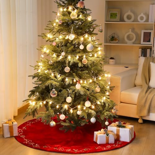VioraWhite Christmas 60 Inch Red Velvet Tree Skirt Embroidered Xmas