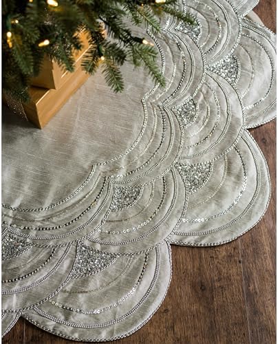 Balsam Hill Elizabeth Beaded Christmas Tree Skirt - Cranberry, Silver & Gold Luxury Tree Skirts with Hand-Applied Beads for Tree Decor, Silver, 60"