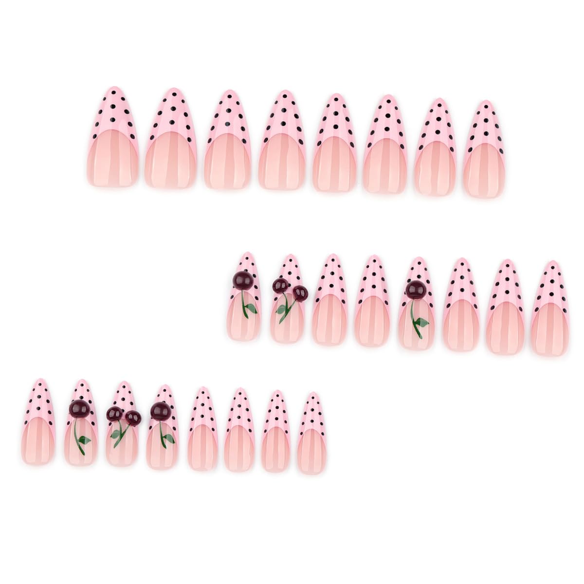 Pink French Press on Nails Almond, Long Fake Nails Black Polka Dot Nails Press ons with 3D Cherry Design,Acrylic Full Cover Glue on Nails, Spring Summer Cute Nail for Women Manicure Kit 24Pcs