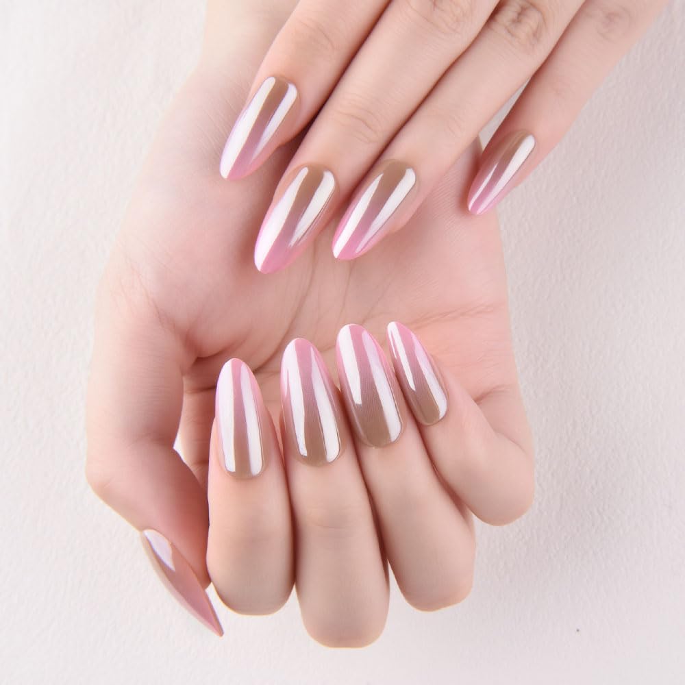 evpct Glazed Press On Nails Almond Medium, Ombre Nude to Pink, Chrome Glazed Glossy Medium Almond Fake False Press on Nails, Soft Gel Stick on nail Press ons with Nail Kit, Reusable Salon Quality