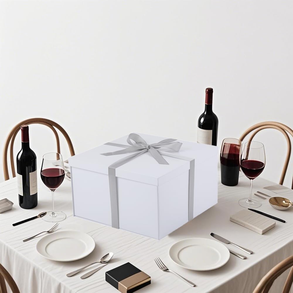 UoeRing 1Pcs White Extra Large gift box with lids 13×13×7 Inches gift boxes for presents,Birthday Box (include Ribbon, Paper Shred Filler Gift Card & Envelopes)